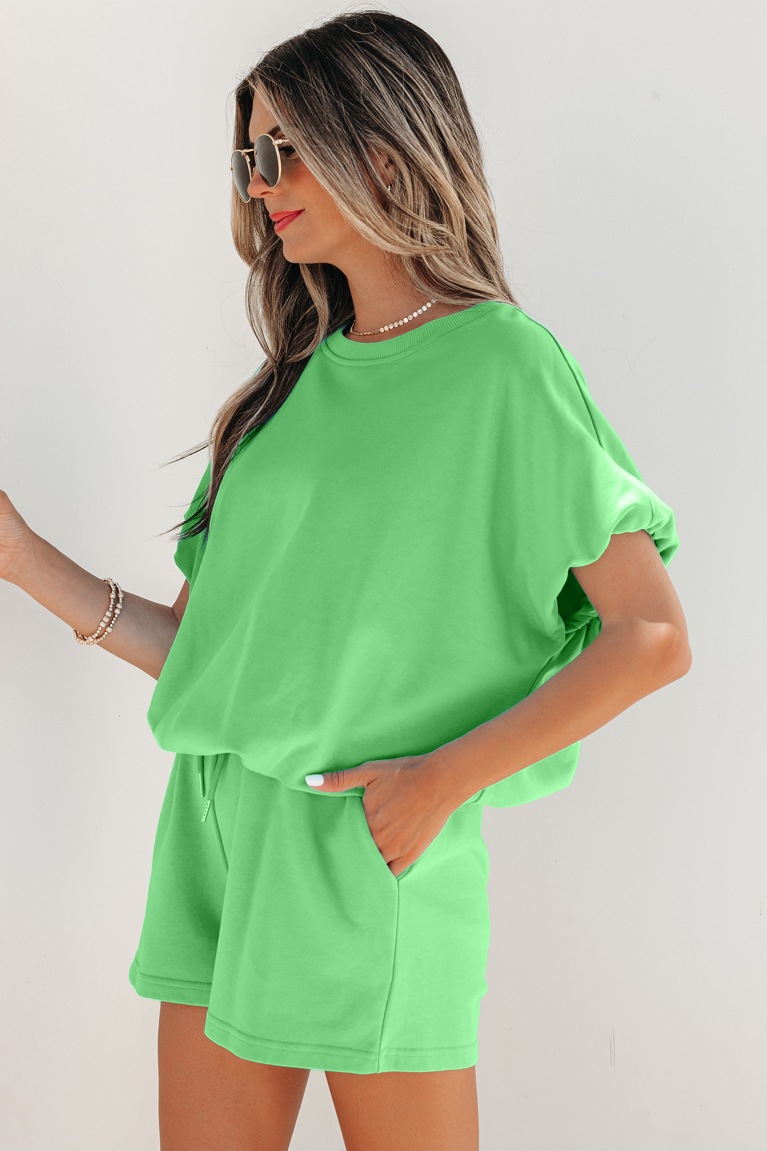 Light Blue Solid Color Puffy Loose Top Drawstring Shorts 2pcs Outfit - Imagen 9