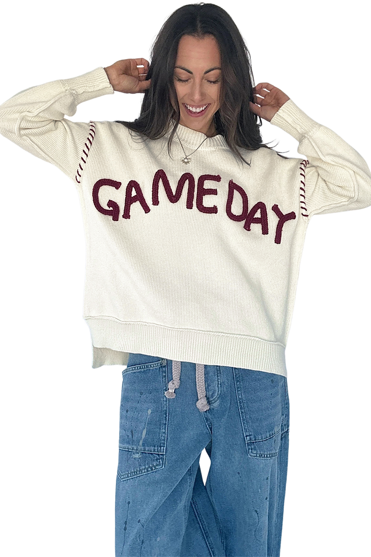 Beige Drop Shoulder Game Day Letter Print Pullover Sweater - Imagen 8