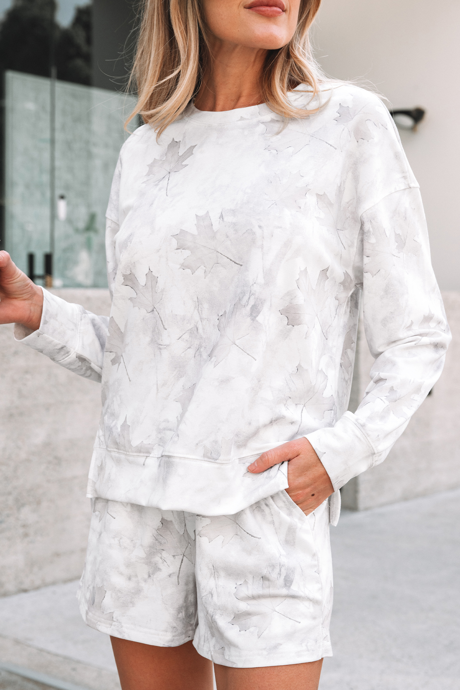 Beige Maple Camo Print Pullover Top and Elastic Waist Casual Short Set - Image 8