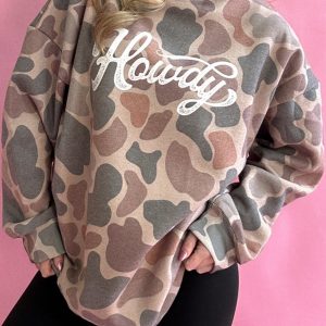 Multicolour Camo Print Howdy Western Style Baggy Pullover Sweatshirt