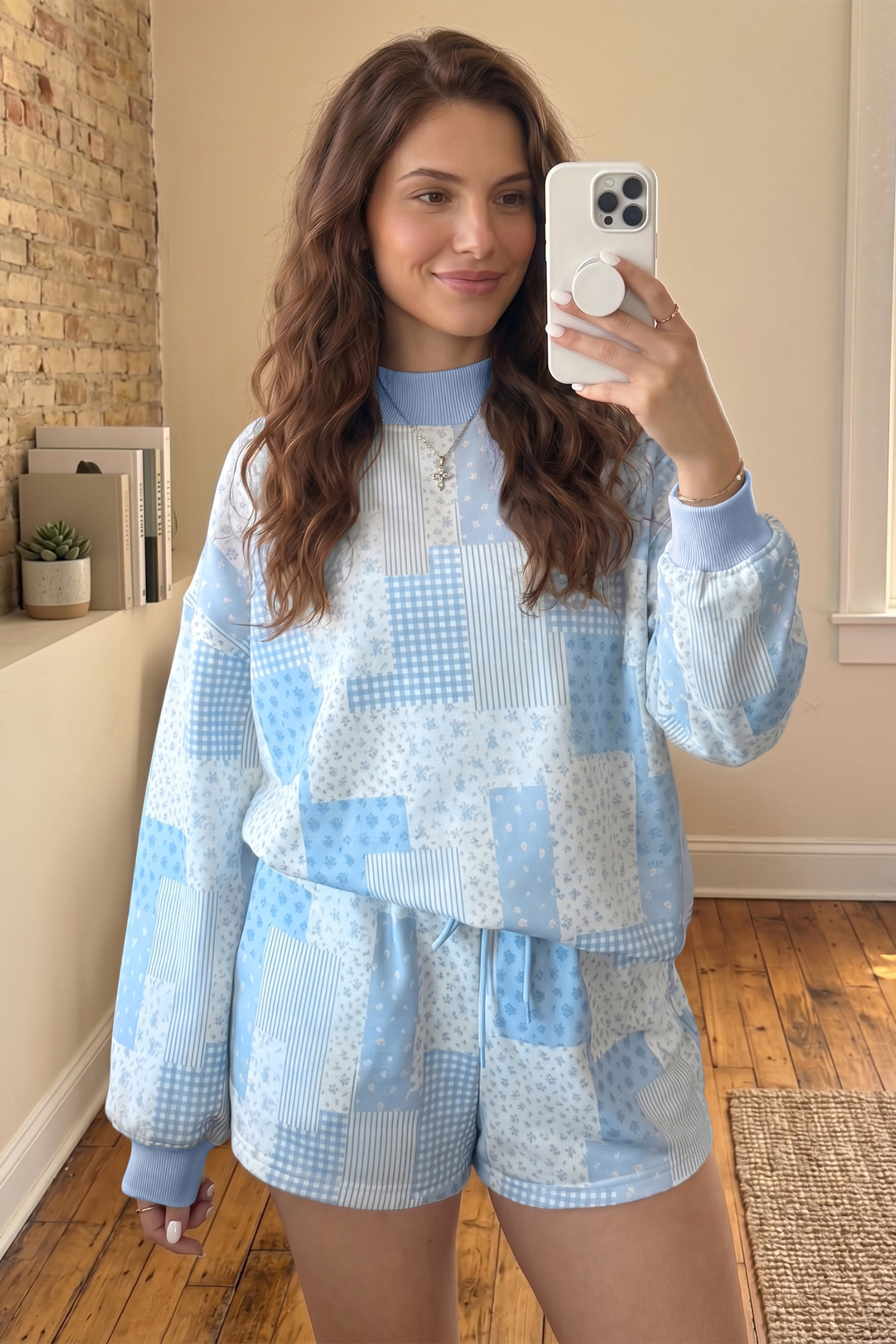 Sky Blue Patchwork Floral Print Drop Shoulder Baggy Pullover Drawstring Shorts Set - Image 3