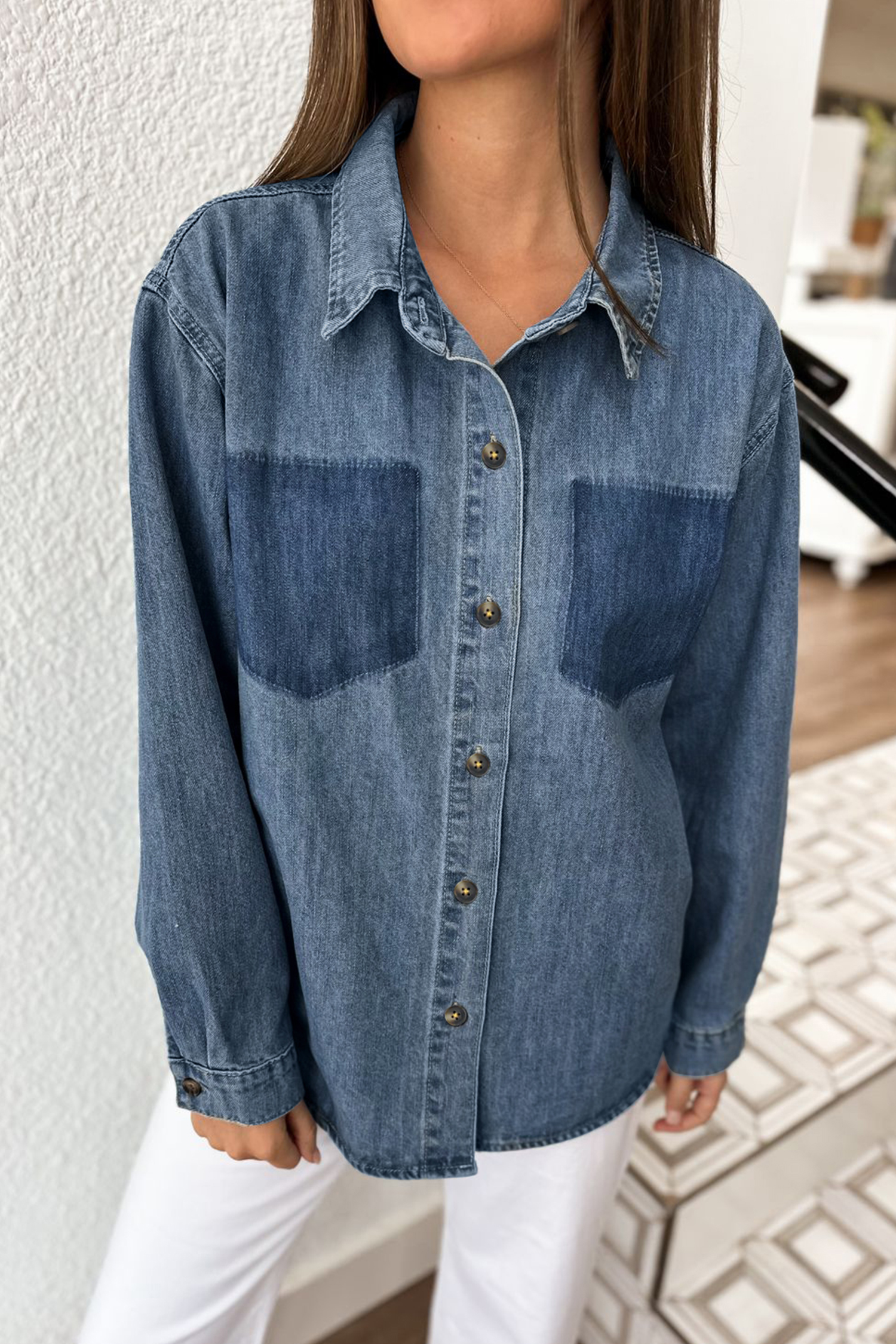 Sky Blue Color Block Pocket Detail Casual Button Down Denim Shirt - Image 5