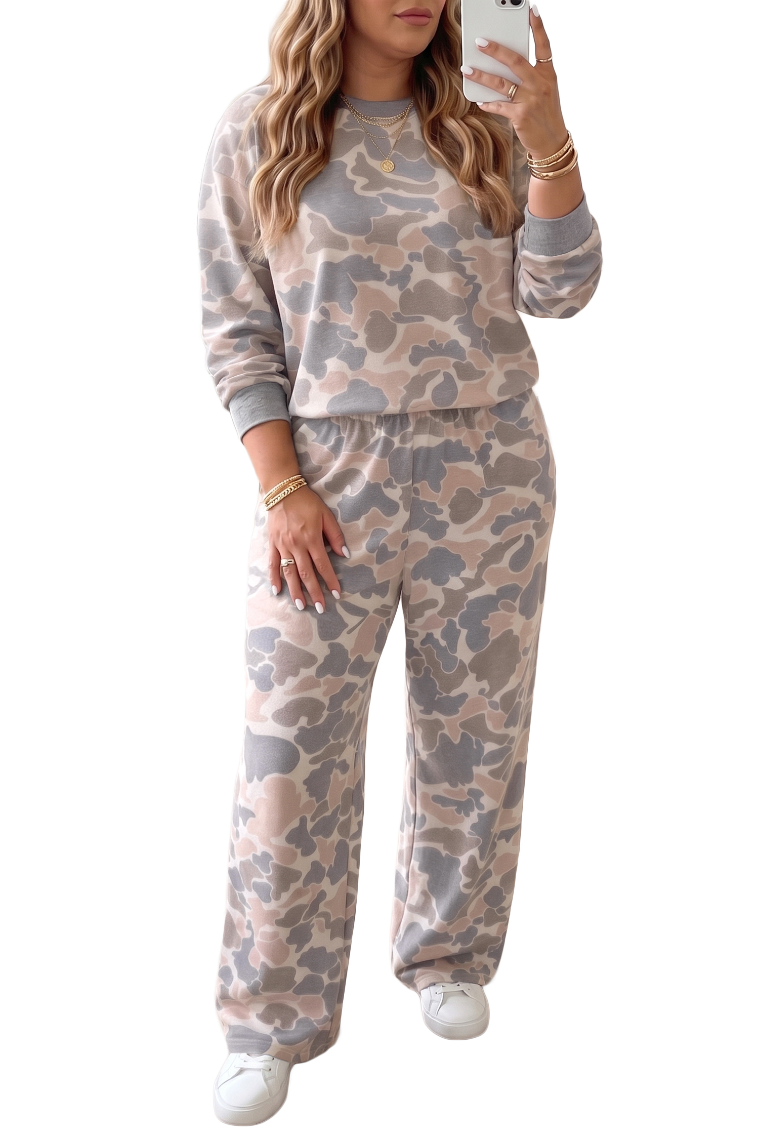 Multicolour Camouflage Long Sleeve Round Neck Two-Piece Plus Size Set - Image 13