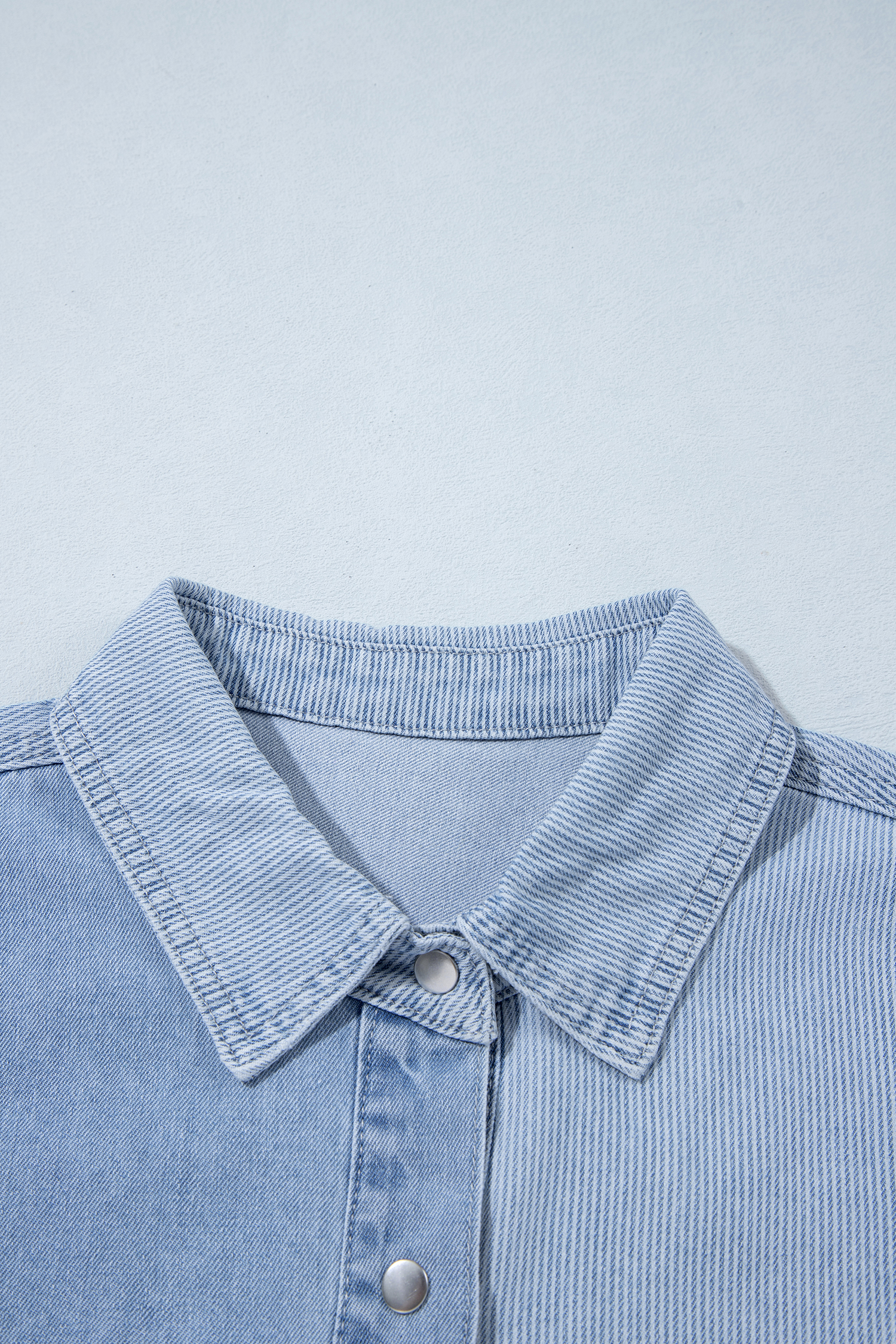 Beau Blue Lightweight Denim Striped Patchwork Button Down Shacket - Image 5