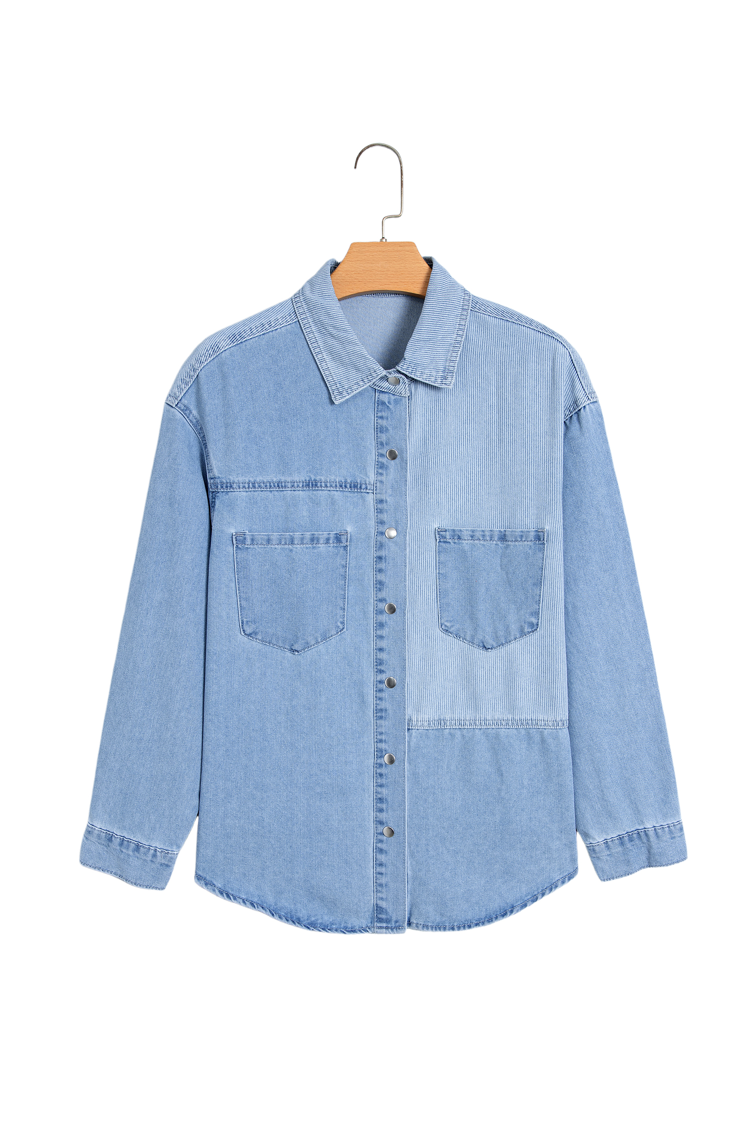 Beau Blue Lightweight Denim Striped Patchwork Button Down Shacket - Image 13