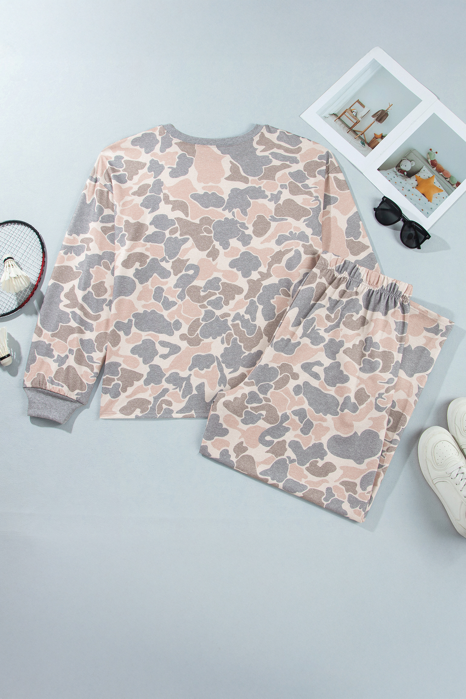 Multicolour Camouflage Long Sleeve Round Neck Two-Piece Plus Size Set - Image 4