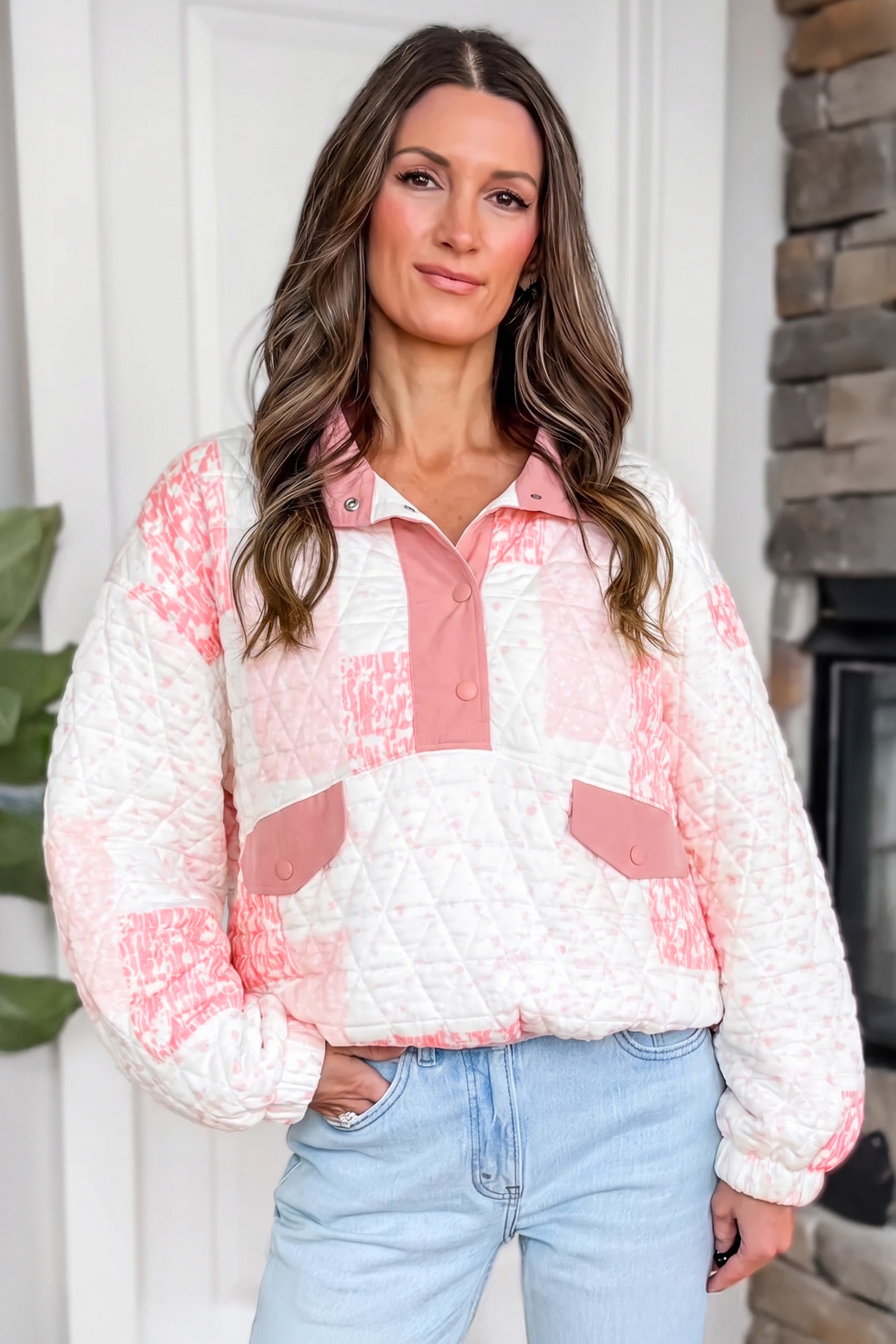 Multicolour Floral Quilted Half Button Pocketed Pullover Sweatshirt - Imagen 16