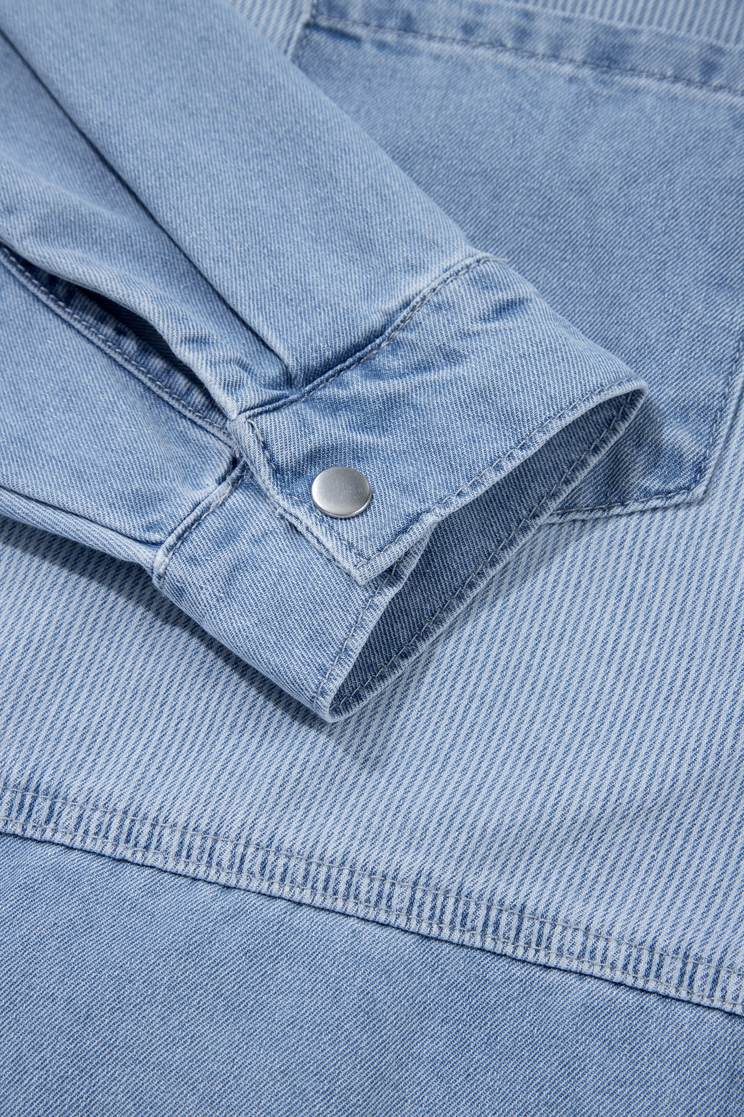 Beau Blue Lightweight Denim Striped Patchwork Button Down Shacket - Image 8