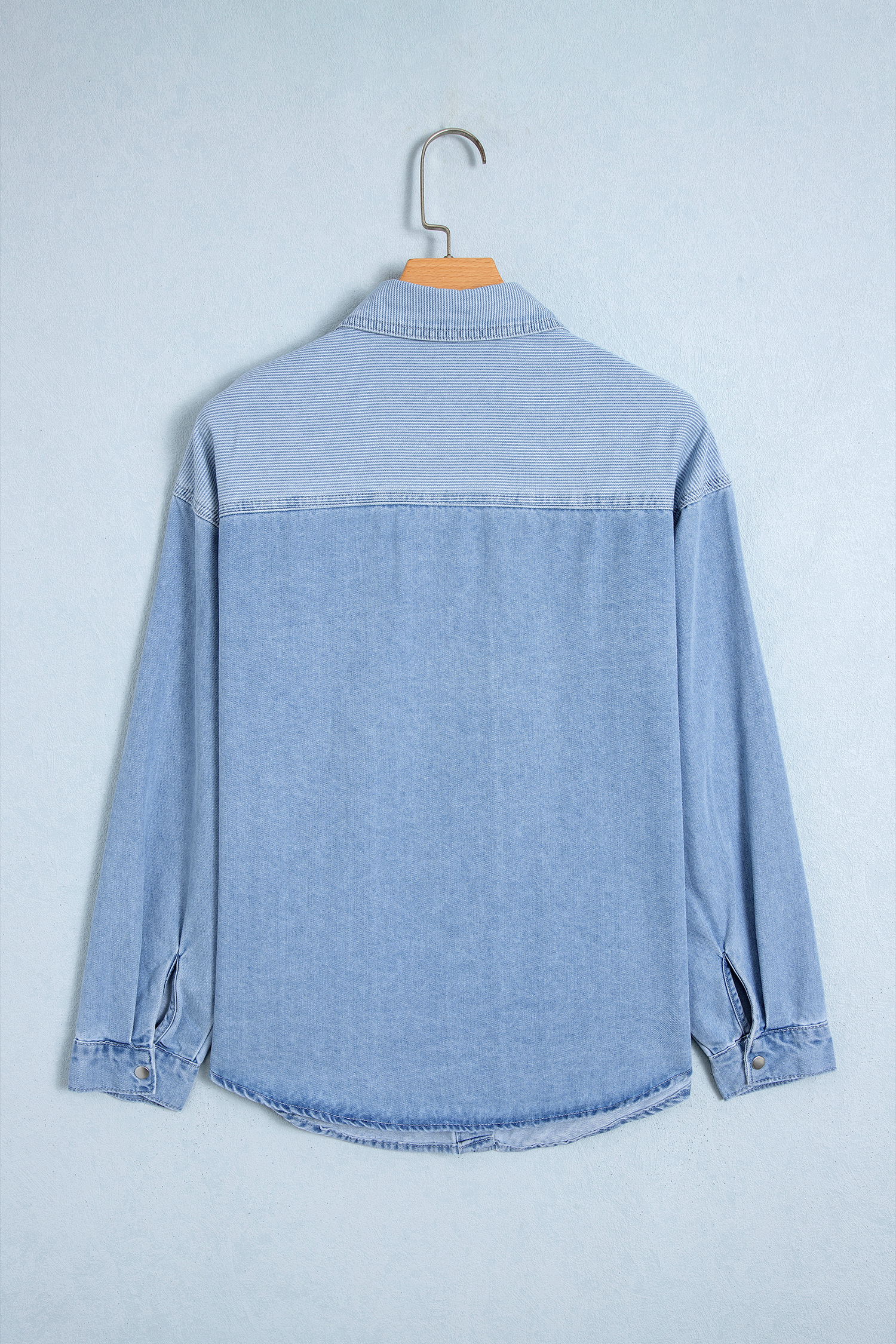 Beau Blue Lightweight Denim Striped Patchwork Button Down Shacket - Image 4