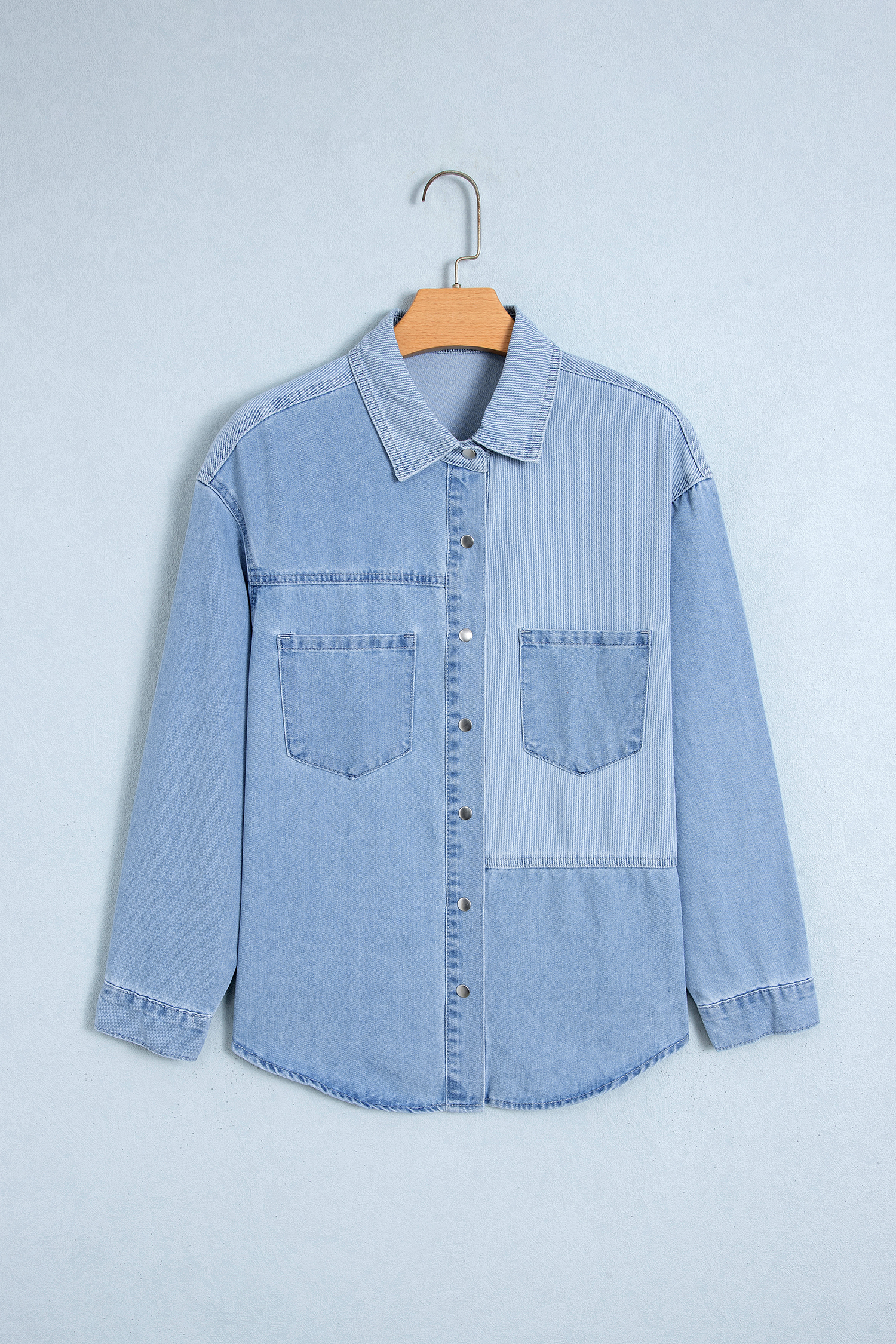 Beau Blue Lightweight Denim Striped Patchwork Button Down Shacket - Image 3