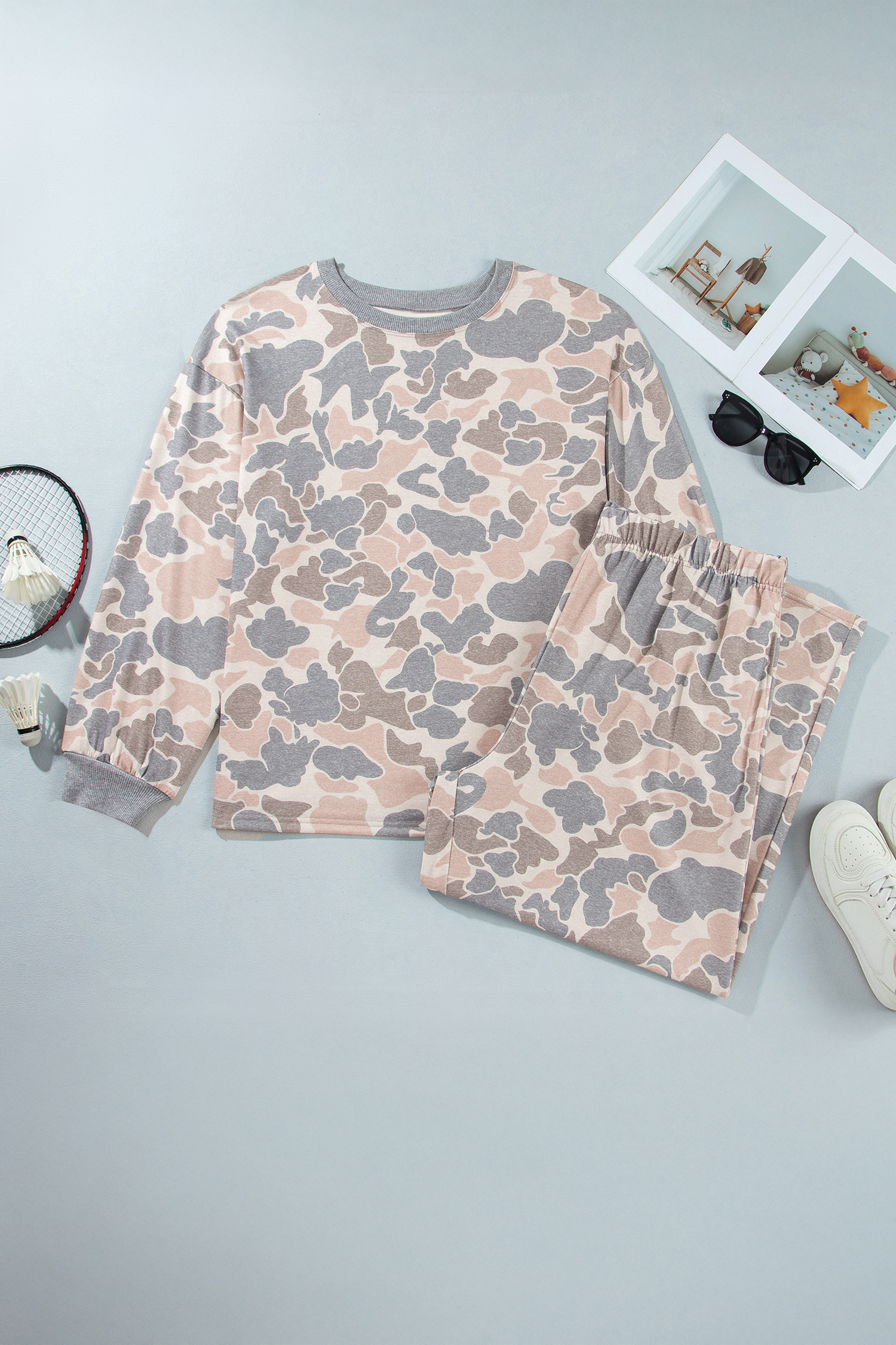 Multicolour Camouflage Long Sleeve Round Neck Two-Piece Plus Size Set - Image 3