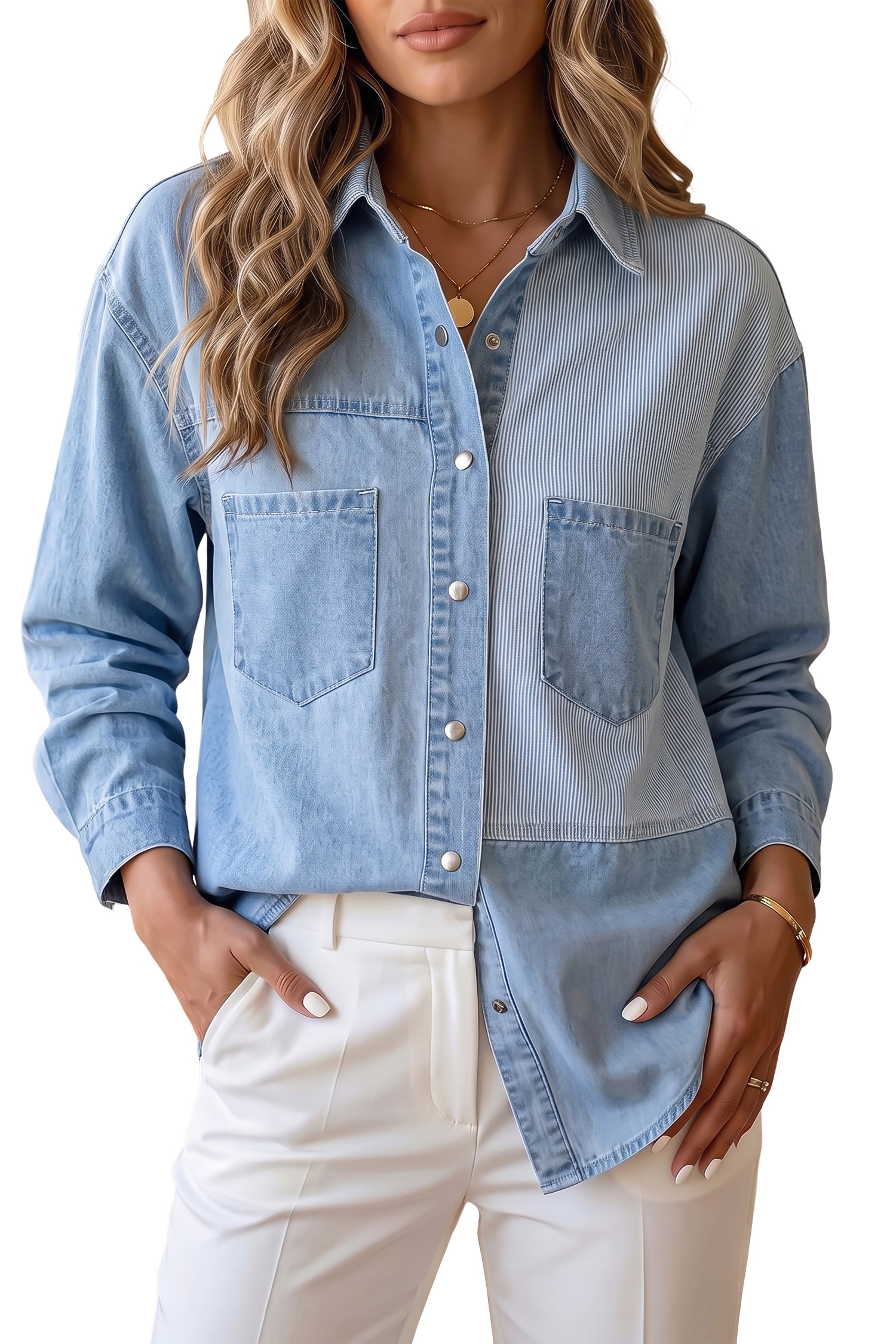 Beau Blue Lightweight Denim Striped Patchwork Button Down Shacket - Image 12