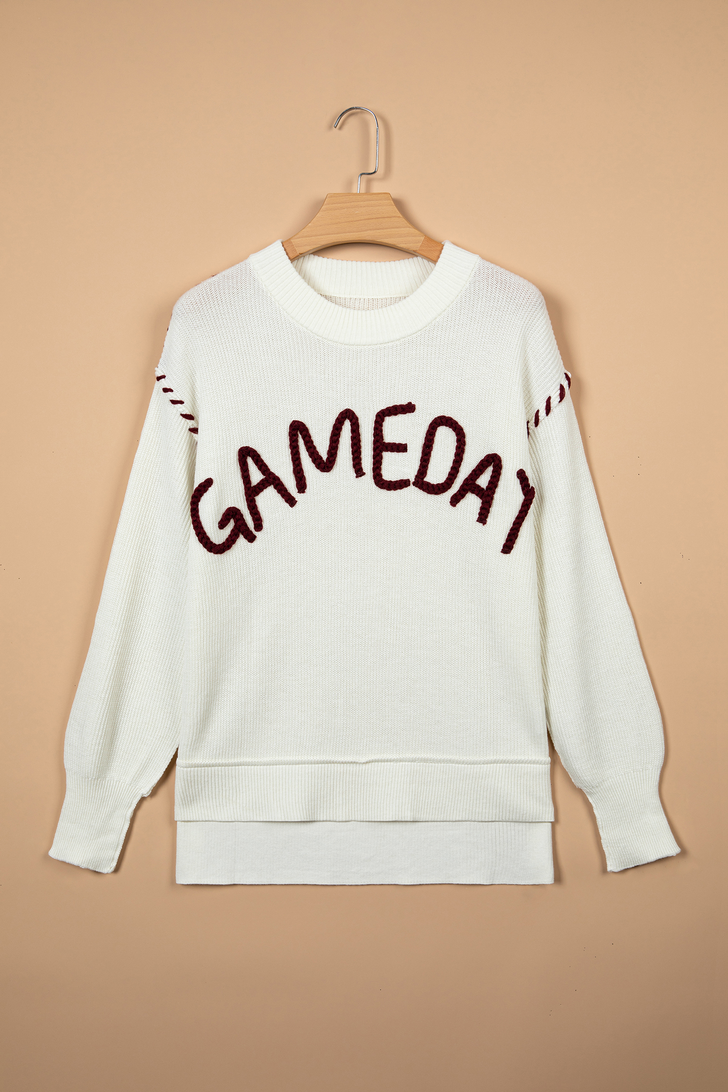 Beige Drop Shoulder Game Day Letter Print Pullover Sweater - Imagen 9